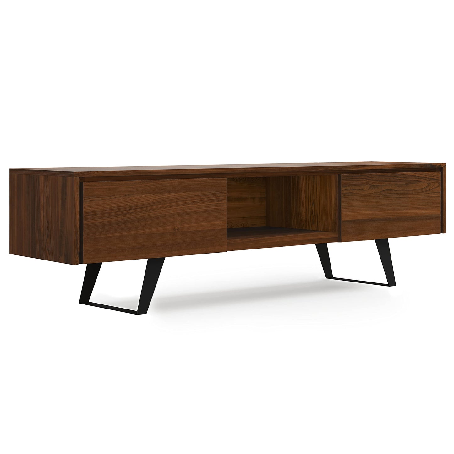 SIMPLIHOME Lowry TV Stand - 72 inch Wide Solid Mango Wood Media Console in Walnut, Modern Industrial Entertainment Center for Living Room for TVs up to 80 Inches with Open Shelf and Cable Management