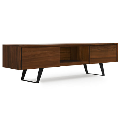SIMPLIHOME Lowry TV Stand - 72 inch Wide Solid Mango Wood Media Console in Walnut, Modern Industrial Entertainment Center for Living Room for TVs up to 80 Inches with Open Shelf and Cable Management
