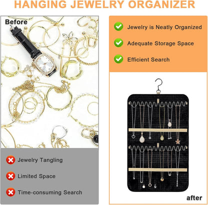 Double Sided Hanging Jewelry Organizer, 32/48 Pockets, 14/21 Hook Loops, Foldable Travel Jewelry Roll Organizer for
