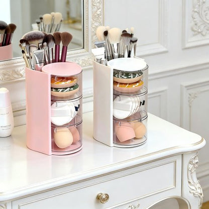 Azurphoric Hair Accessories Organizer with Hair Brush Holder, Rotatable Makeup Brush Holder for Necklaces, Earring, Bracelet, Ring, Makeup Brushes, Hair Clip and Hair Accessories (Pink, 3-Layer)
