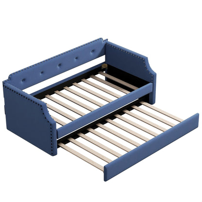 GDFStudio Twin Upholstered Daybed with Trundle, Linen Fabric Sofa Bed Frame with Wood Slats Support, Pull-Out Guest Bed for Living Room Bedroom Apartment, Blue