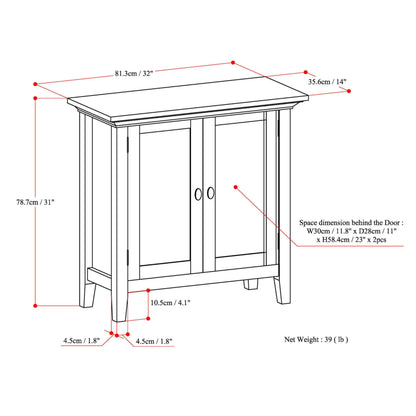 SIMPLIHOME Redmond Storage Cabinet - 32 inch Wide Solid Wood 2-Shelf Low Storage Cabinet in Hickory Brown, Transitional Accent Cabinet for Entryway with Adjustable Shelves and Tapered Legs