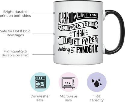 YouNique 60th Birthday Mug, 11 Ounces, Funny Coffee Cup Ideas for Men and Women, 60 Birthday Gift (Black Handle)