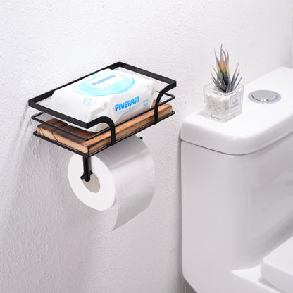 AIDILI Rustic Farmhouse Toilet Paper Holder with Shelf - Farmhouse Bathroom Rustic Country Decor - Rustic Bathroom Accessories with Warm Brown Wood Shelf for Wipes&Cell Phone&Reading, Black Metal