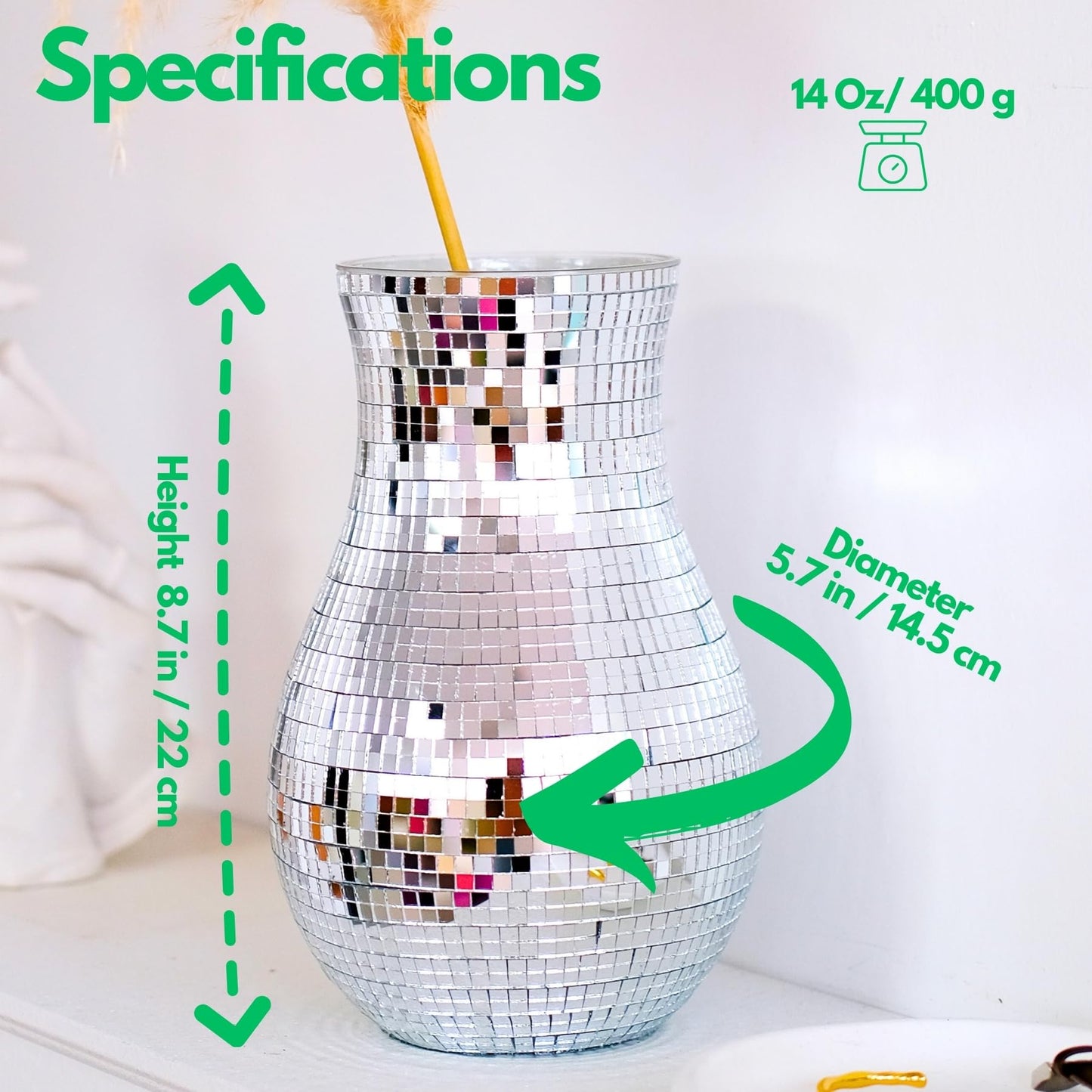 8.7" Disco Ball Flower Vase - Silver Mirrored Mosaic Vase for Centerpieces, Retro 70s Party Decor, Unique Funky Reflective Floral Container for Home, Wedding & Living Room Aesthetics