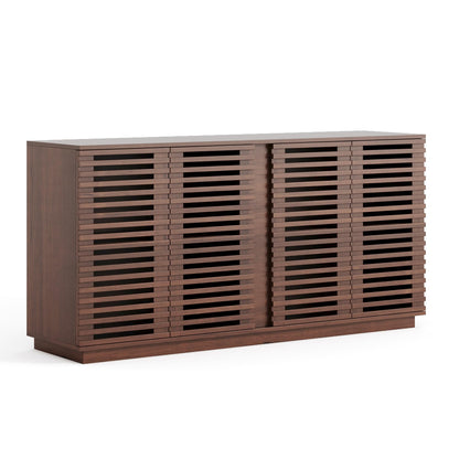 GDFStudio 60" Mid Century Modern Buffet Sideboard with Solid Wood Slatted Doors & Adjustable Shelves, Classic Buffet Sideboard Credenza Storage Cabinets Console Table for Living Room Dining Room, Oak