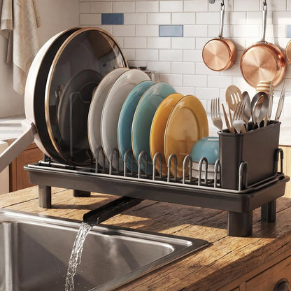 Nfnoyp Small Dish Drying Rack Carbon Steel Dish Rack Rustproof for Kitchen Counter Compact Dish Drainer with Adjustable Slots for Small Kitchens & Apartments 16.5×6.5×7inch Black