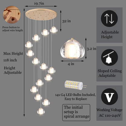 YwueChwu Gold Crystal Chandeliers for Staircase 14-Lights, H120 Inches Modern Indoor High Ceilings LED Pendant Light Fixture for Living Room Foyer Entryway