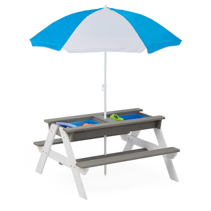 3 in 1 Outdoor Wooden Picnic Table with Umbrella, Convertible Sand Wate, Gray CPSIA Certification