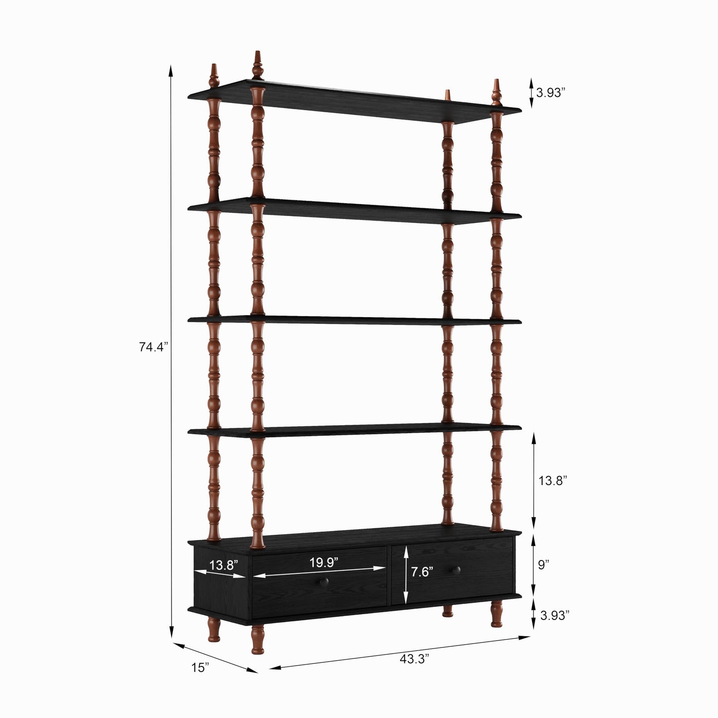 KEIKI 74.4 Inch Bookcase Shelf, 5 Tier Wood Book Shelf, Large Open Shelves with Storage Drawers, Solid Wood Veneered Free Standing Shelves for Living Room, Study Room, Black