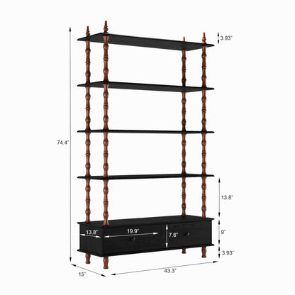 KEIKI 74.4 Inch Bookcase Shelf, 5 Tier Wood Book Shelf, Large Open Shelves with Storage Drawers, Solid Wood Veneered Free Standing Shelves for Living Room, Study Room, Black