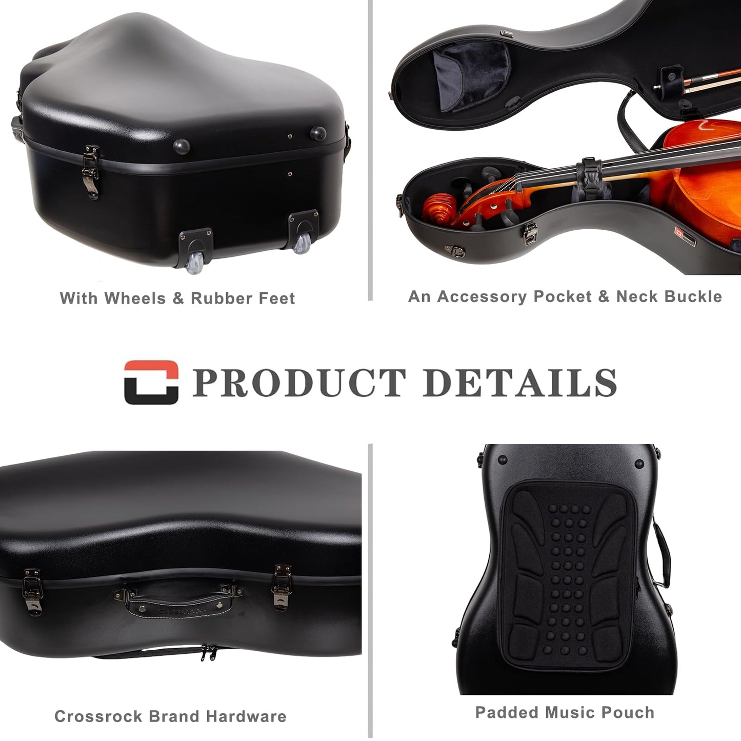 Crossrock Poly Carbon Cello Case for 4/4 Full Size | Black Scratch-Resistant Shell, Black Velvet Interior, Wheels, Music Pouch – Lightweight Protection Series