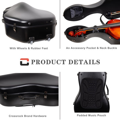 Crossrock Poly Carbon Cello Case for 4/4 Full Size | Black Scratch-Resistant Shell, Black Velvet Interior, Wheels, Music Pouch – Lightweight Protection Series