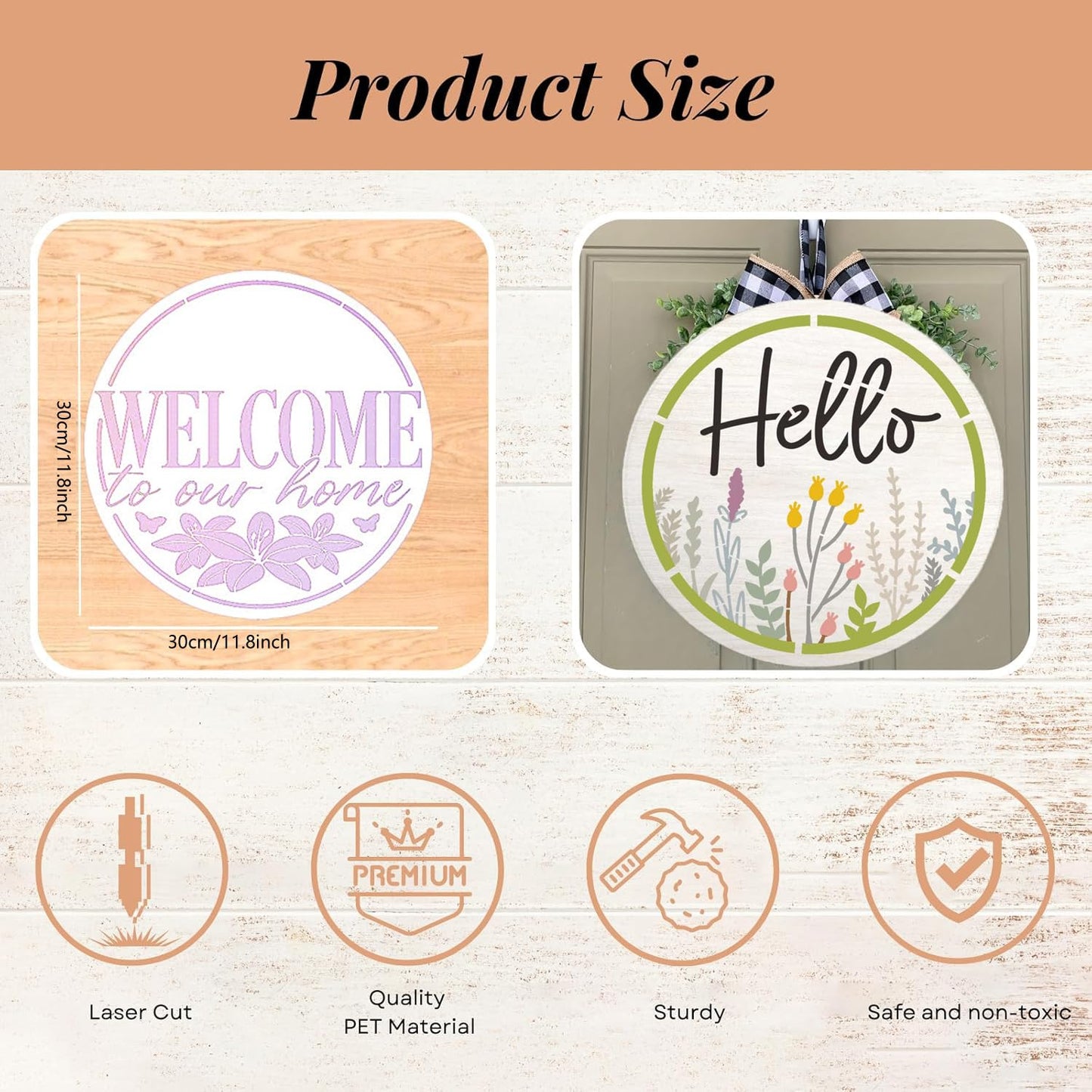 Baychendoo 9Pcs Welcome Stencils Set, 12" Round Spring Flower Designs, Reusable Templates for Door Hangers, DIY Crafts Wood Signs Painting Stencils for Home Decor