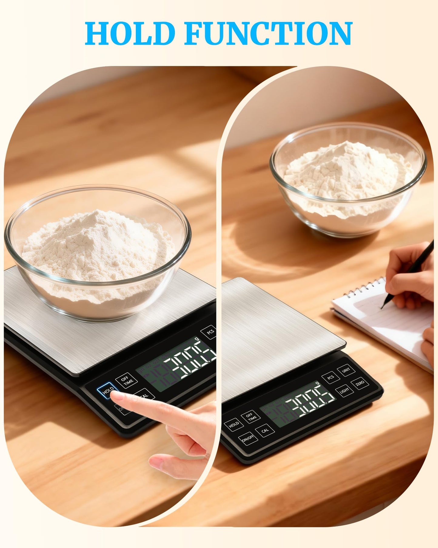 NEXT-SHINE Food Kitchen Scale 11lb, 0.1g/0.01oz Precise Graduation Rechargeable Digital Scale with Nine Units Large Tray Stainless Steel Platform LCD Display for Meal Prep Cooking Baking