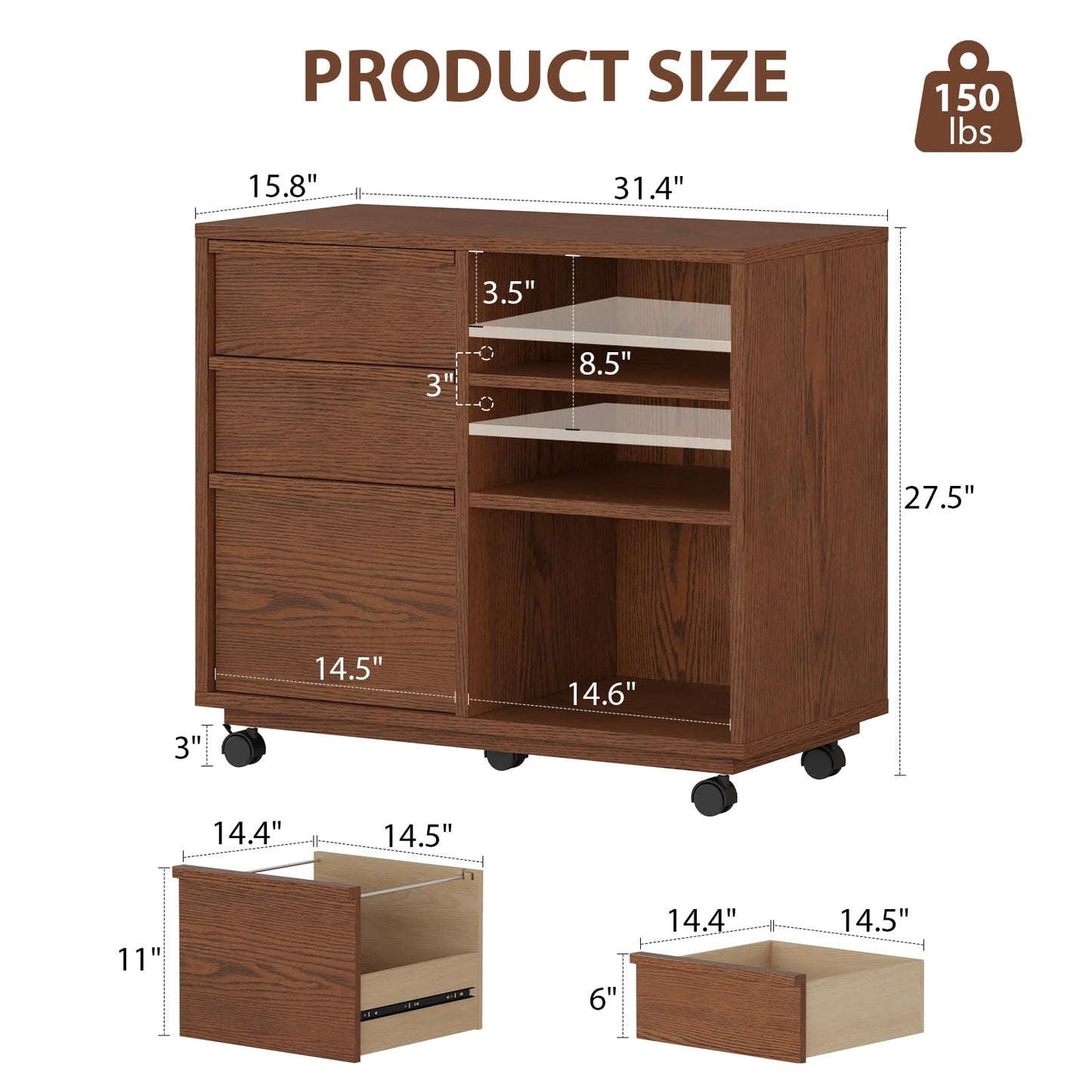 Solid Wood Lateral Filing Cabinet, 3 Drawer Mobile File Cabinet,Stand with Open Shelves,Storage Drawer Cabinet，The cabinet features adjustable steel rods，suitable for home offices,and bedrooms.