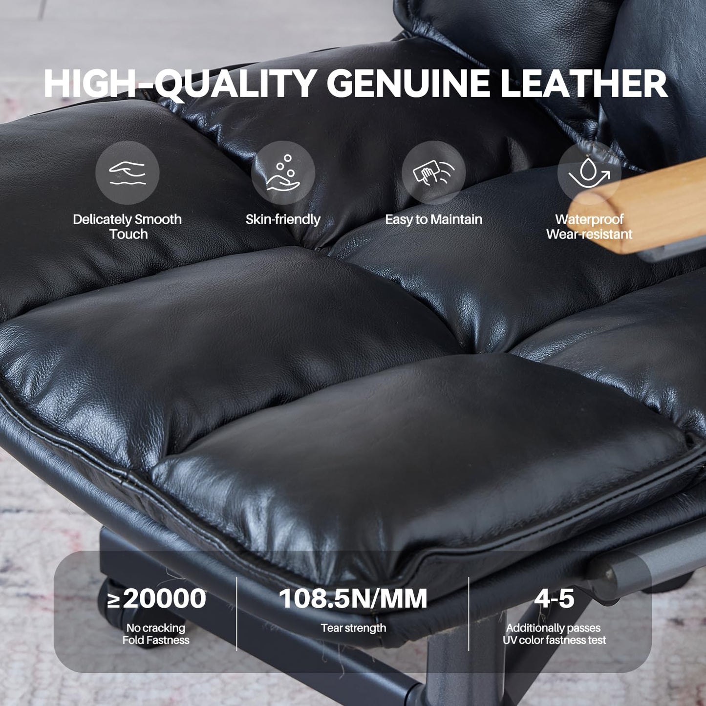 PELLEBAR Home Office Desk Chair, Ergonomic Mid-Century Modern Genuine Leather Chair with Oak Armrest, Executive Rolling Swivel Adjustable Task Armchair for Adults, Black