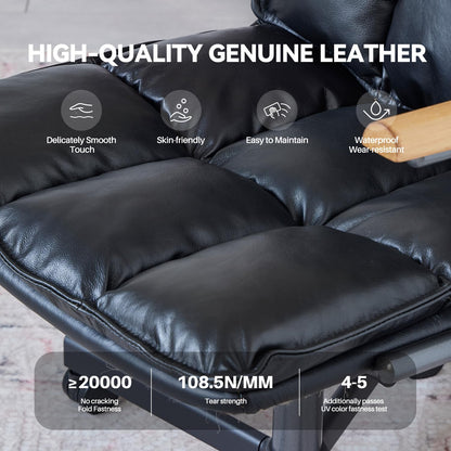 PELLEBAR Home Office Desk Chair, Ergonomic Mid-Century Modern Genuine Leather Chair with Oak Armrest, Executive Rolling Swivel Adjustable Task Armchair for Adults, Black
