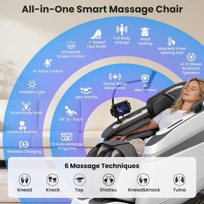 KTENTITO 4D Music Rhythm Massage Chair Full Body Recliner, 2026 Unique Sonic Resonance Zero Gravity SL-Track Shiatsu with Knee Heating Blanket AI Voice Bluetooth Foot Roller Body Scan Airbags G9 White