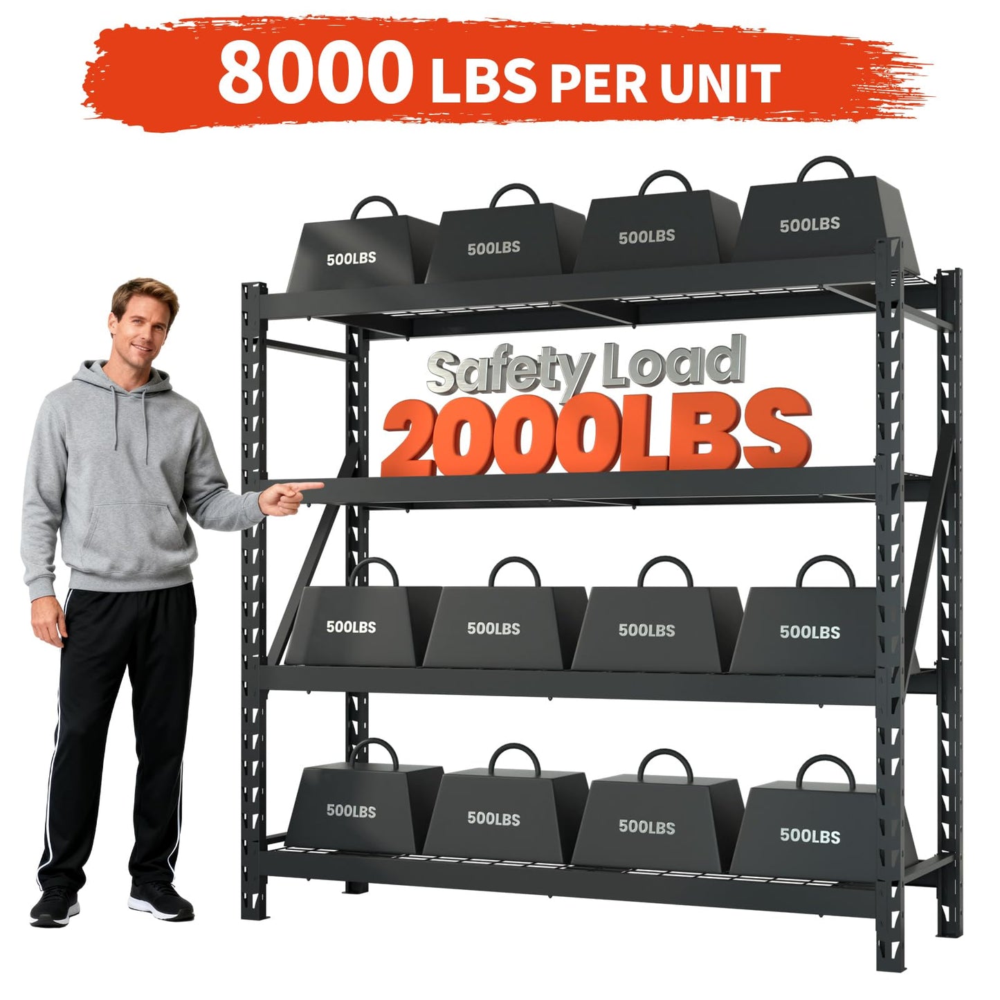 DYNALOAD 8000 Lbs Heavy Duty Garage Shelving, 4-Tier Adjustable Metal Storage Shelves, Industrial Steel Rack for Garage Basement Warehouse, 77" W x 24" D x 72" H