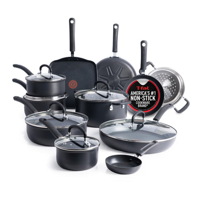 T-Fal Ultimate Hard Anodized Nonstick Pots and Pans Set 17 Piece, Nonstick Cookware Set with Fry Pan, Saucepans, Saute-Pan, Griddle, Dishwasher Safe, Onyx