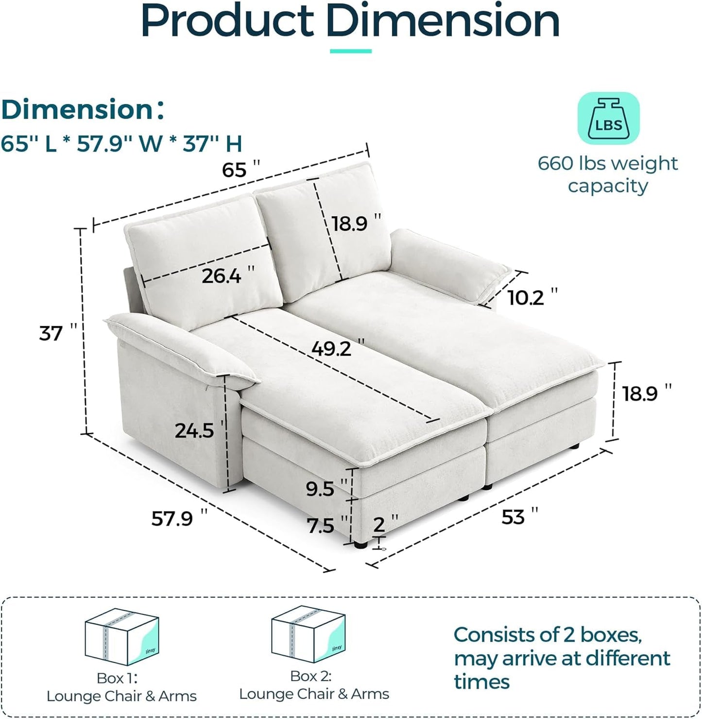 LINSY HOME Modular Sofa Chaise Lounge, 65" Cloud Sofa Bed Lounge with Armrests, Chenille Sleeper Sofa for Living Room, Apartment, Home Theater, Beige