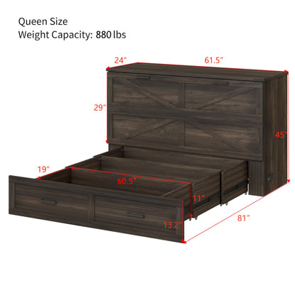 Ball & Cast Murphy Bed Queen,Farmhouse Hideaway Cabinet Bed with Charging Station and Large Storage Drawer,Foldable Wall Murphy Beds w/Slat Support,Space-Saving Furniture for Study,Office,Rustic Gray
