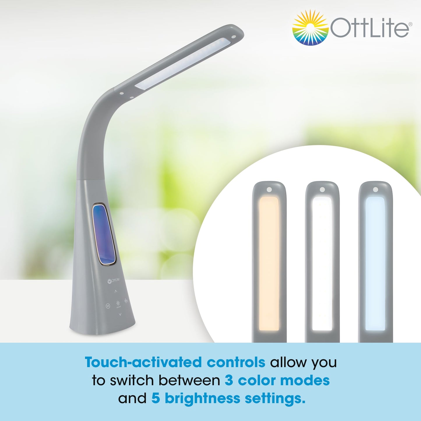 OttLite Cool Breeze LED Lamp with Fan (Gray) - 3-Speed Bladeless Fan & 5 Brightness Settings with Touch Activated Controls, Energy-Efficient Natural Daylight LEDs for Home Office, Desk, & Dorms