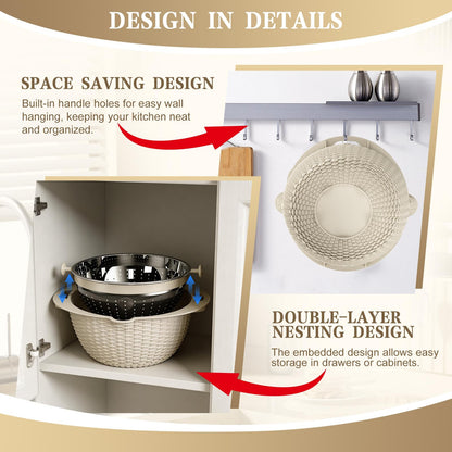 4-1 Colander with Bowl Set - Rotatable Colander for Kitchen (Patented), Upgraded Graters Food Strainers for Pasta Fruits and Vegetables, Funny Presents for Women, Aesthetic Kitchen Gadget - Beige
