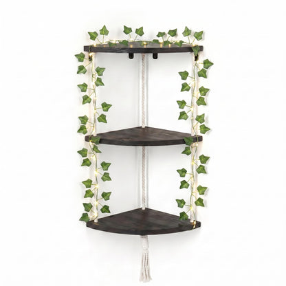REFGY 3-Tier Corner Floating Shelves with Aesthetic Greenery & Fairy Lights - Premium Wood-Textured Boho Wall Hanging Shelf - Stable L-Bracket Support for Home Decor, Office & Small Spaces