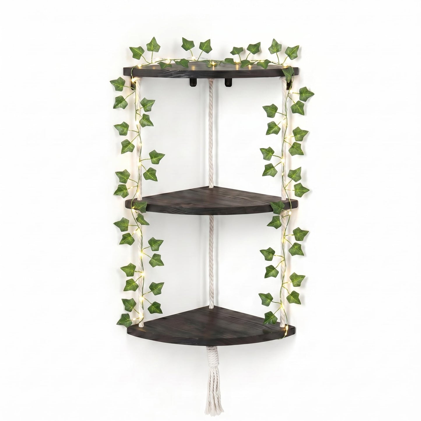 REFGY 3-Tier Corner Floating Shelves with Aesthetic Greenery & Fairy Lights - Premium Wood-Textured Boho Wall Hanging Shelf - Stable L-Bracket Support for Home Decor, Office & Small Spaces
