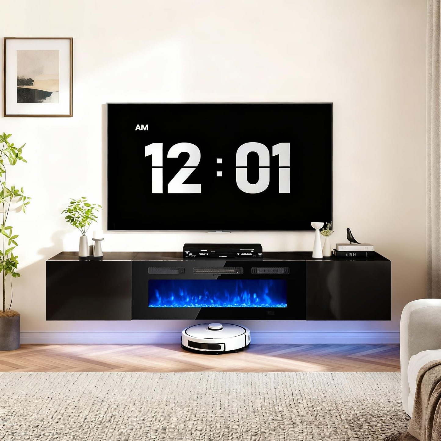 OneBlis 70'' Floating TV Stand with 36" Electric Fireplace, Wall Mounted Entertainment Center with Storage for TVs up to 80", Adjustable 12-Color LED Media TV Console for Living Room,All Black