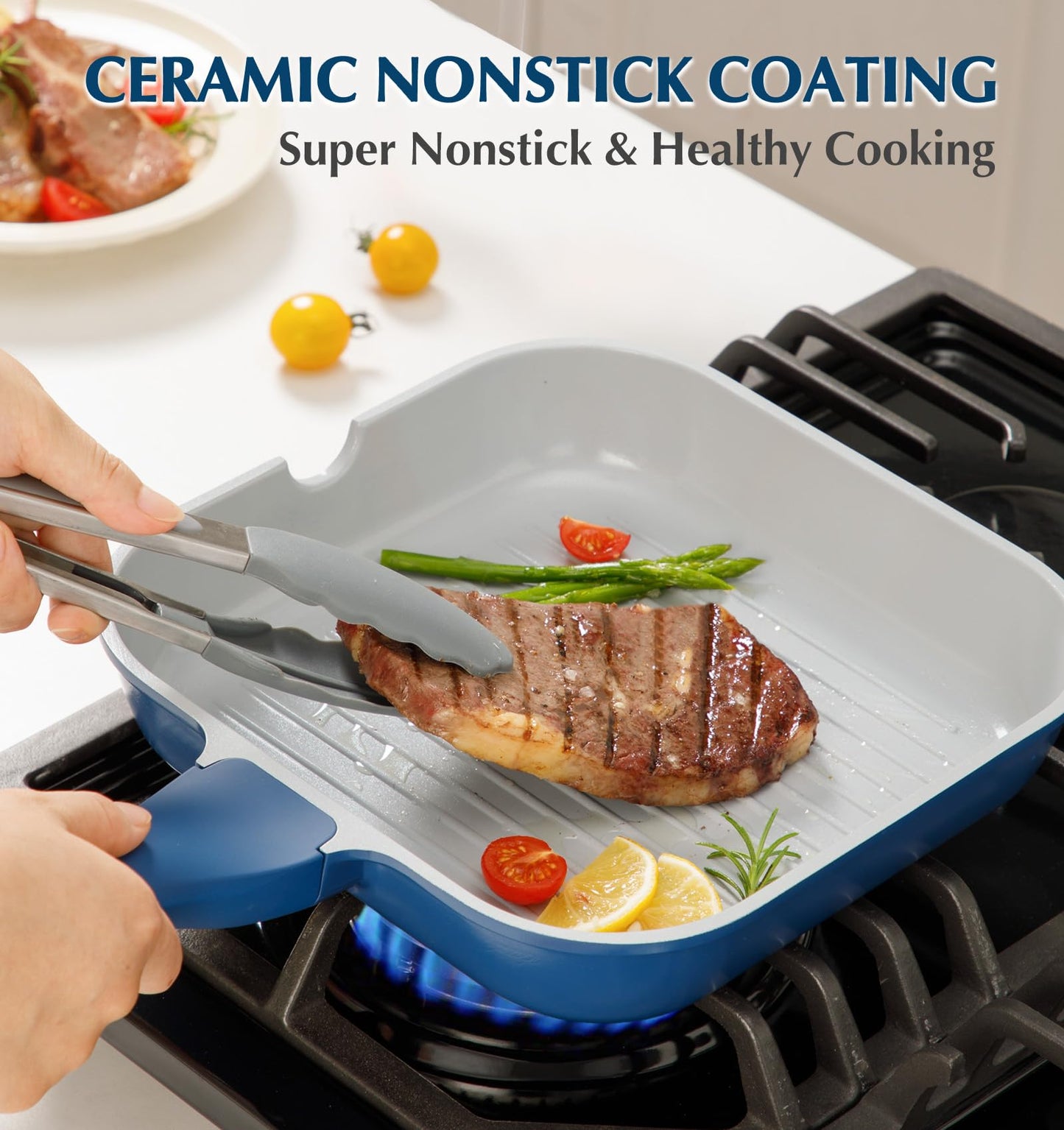 KOCH SYSTEME CS 11 Inch Nonstick Grill Pan for Stove Tops, Square Pan with Pour Spouts, Square Frying Pan for Indoor Cooking, Grill Skillet with Bakelite Handle, PTFE & PFOA Free, Blue