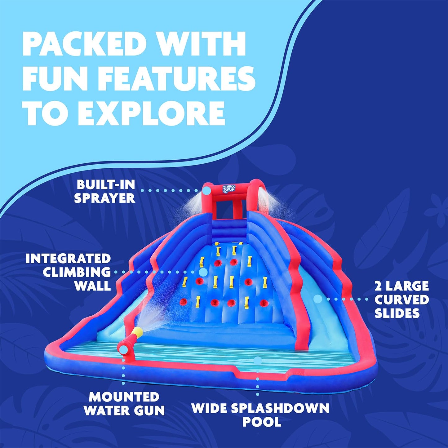Sunny & Fun Ultra Climber Inflatable Water Slide Park – Heavy-Duty for Outdoor Fun - Climbing Wall, Two Slides & Splash Pool – Easy to Set Up & Inflate with Included Air Pump & Carrying Case