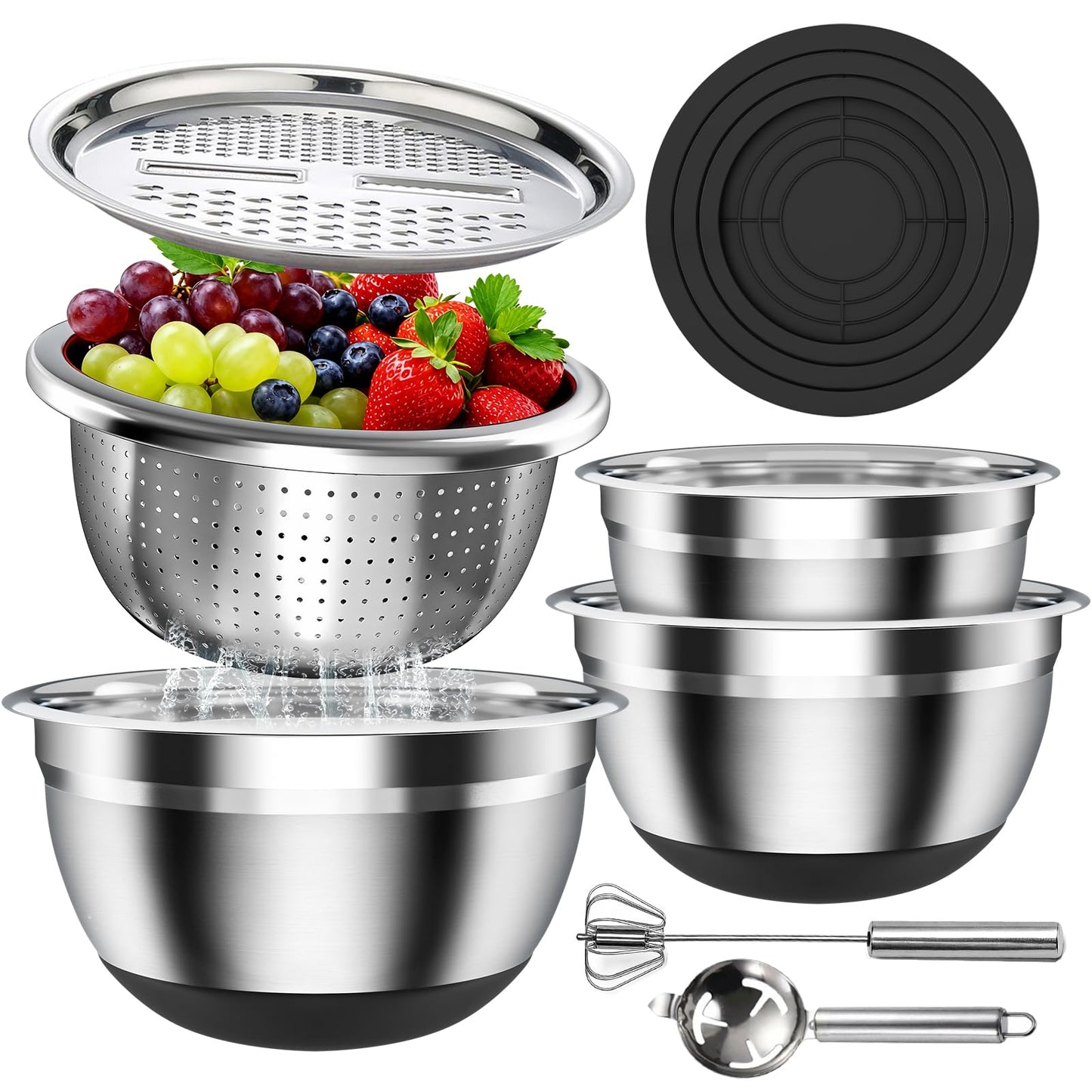 Stainless Steel Mixing Bowls Set with Lids & Silicone Base - 7-Piece Kitchen Gadgets Includes Colander, Grater, Egg Separator, Whisk - Nesting Bowls (1.5, 2, 2.5, 4.5 QT), Dishwasher Safe, Black