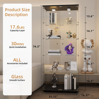 Beauty4U Glass Display Cabinet with Lights, 5 Shelves with 2 Doors, Curio Cabinets for Living Room, Bedroom, Office, Black Floor Standing Glass Bookshelf, Quick Installation