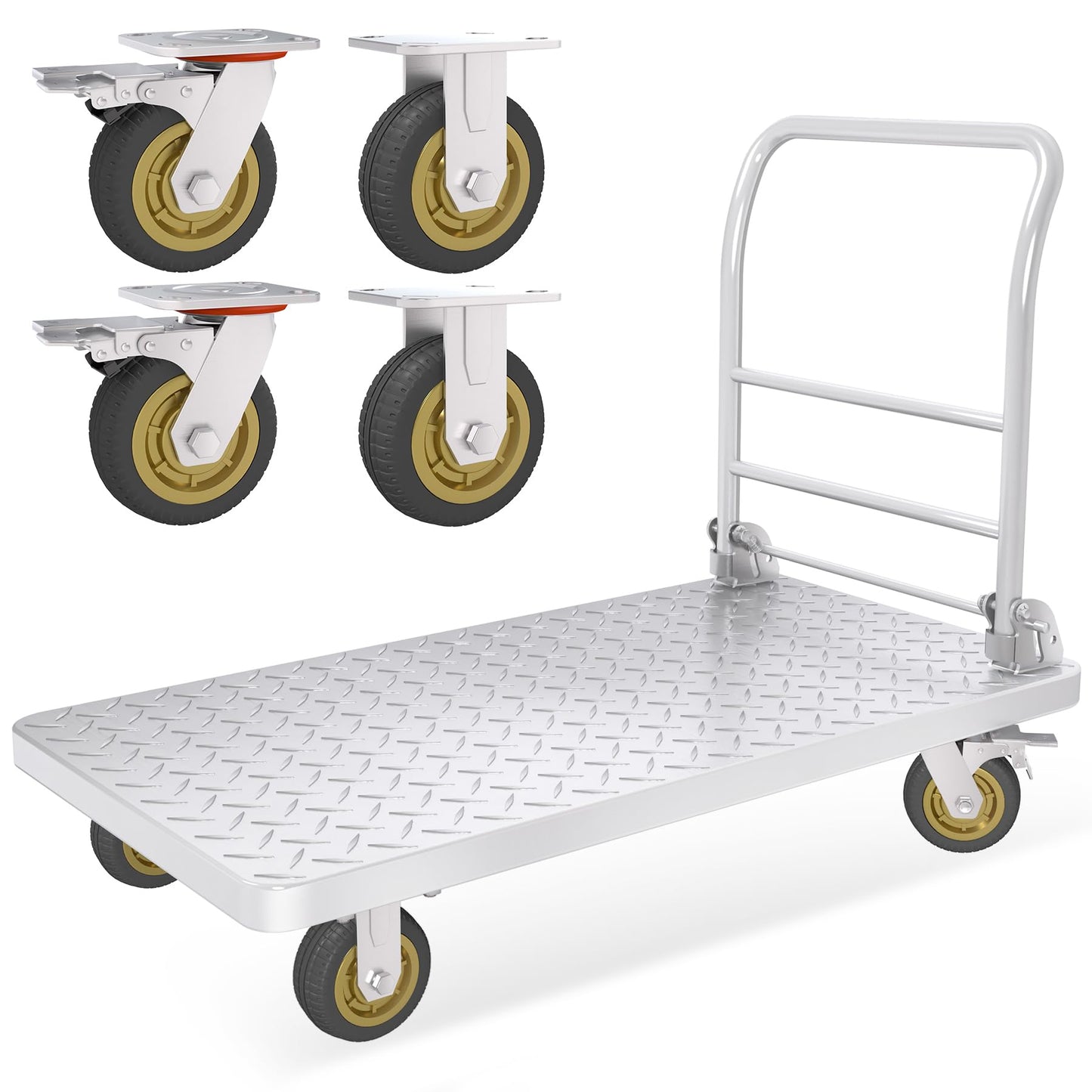 Platform Truck with Brake System 2600lbs Capacity Heavy Duty Push Cart Dolly Foldable Flatbed Cart with 5'' Swivel Wheels Large Steel Platform Dolly Cart for Groceries, Garage, Warehouse (24" x 48")
