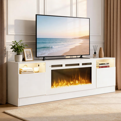 OneBlis 70" Fireplace TV Stand for TVs Up to 80",Entertainment Center with 36” Electric Fireplace and 12 Colors LED Lights,Large TV Console with Storage Cabinet for Living Room,All White