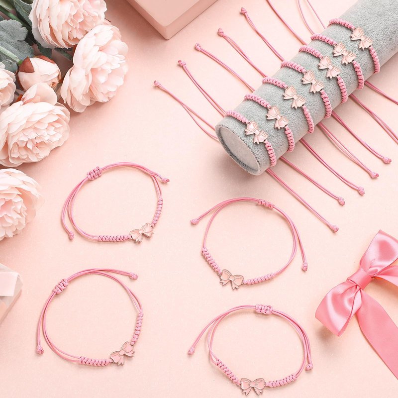 Liliaafar 24 Pack Coquette Pink Bow Braid String Bracelets Gift Bulk Cheerleader Adjustable String Rope Braided Birthday Party Favor for Cheer Dance Team Friends Gift