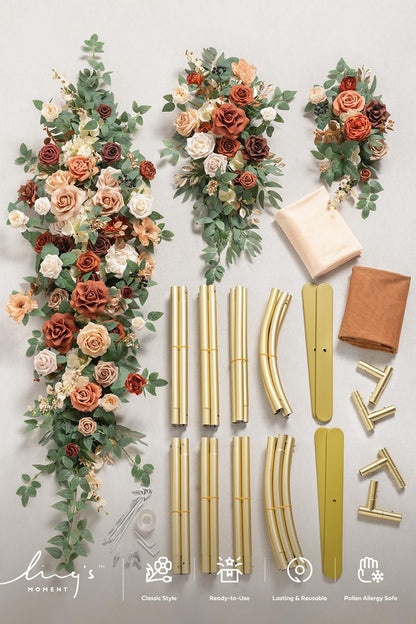 Ling's moment Wedding Arch Backdrop Stand with Flowers - 7.2FT, 6FT Set of 2 Metal Arch Frame with Drape for Ceremony Decor - Artificial Floral Birthday Party, Bridal Shower, Terracotta Orange