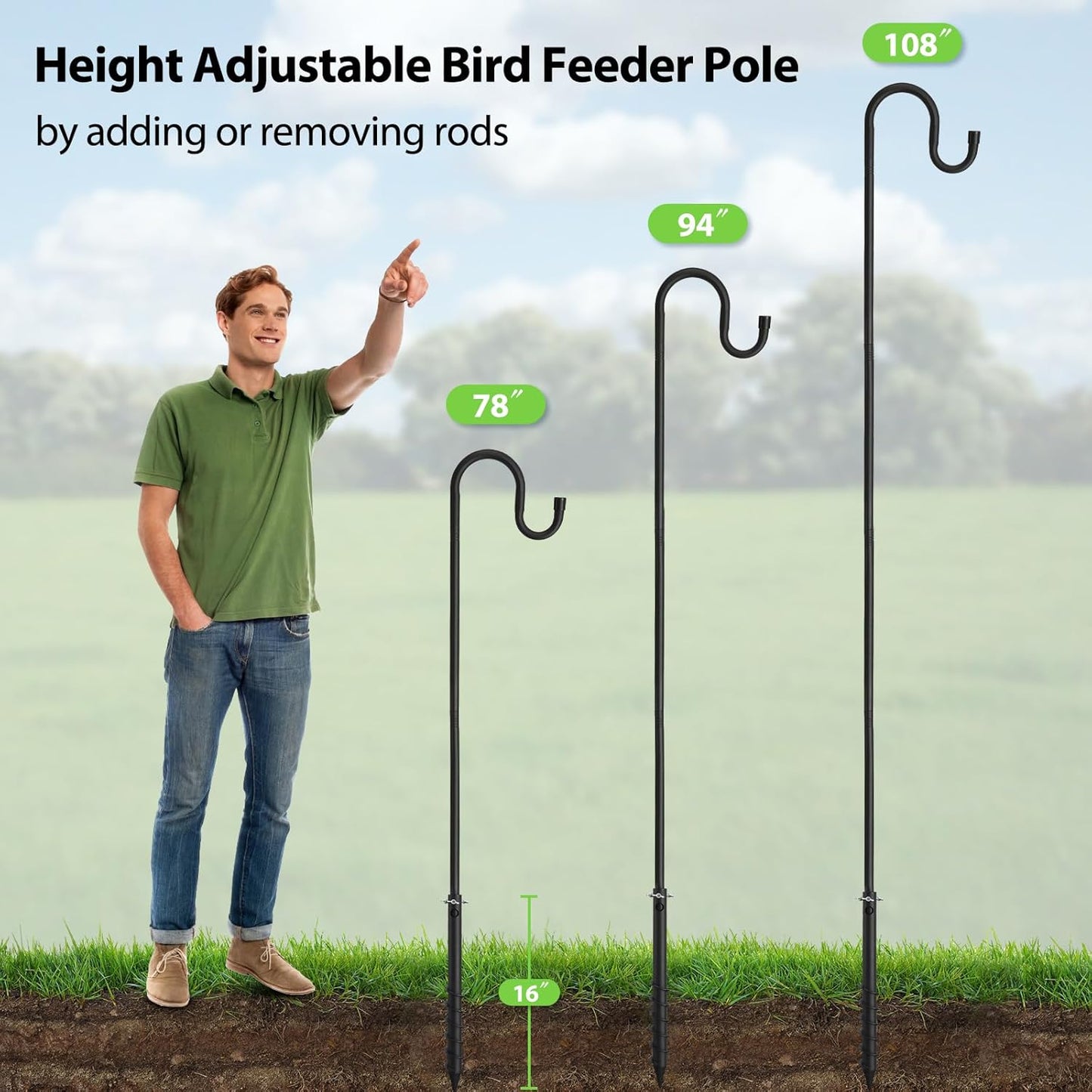Feblomst 94" Hummingbird Bird Feeder Pole, Shepherds Hooks for Outdoor Heavy Duty, Feeders Stand for Hanging Plants