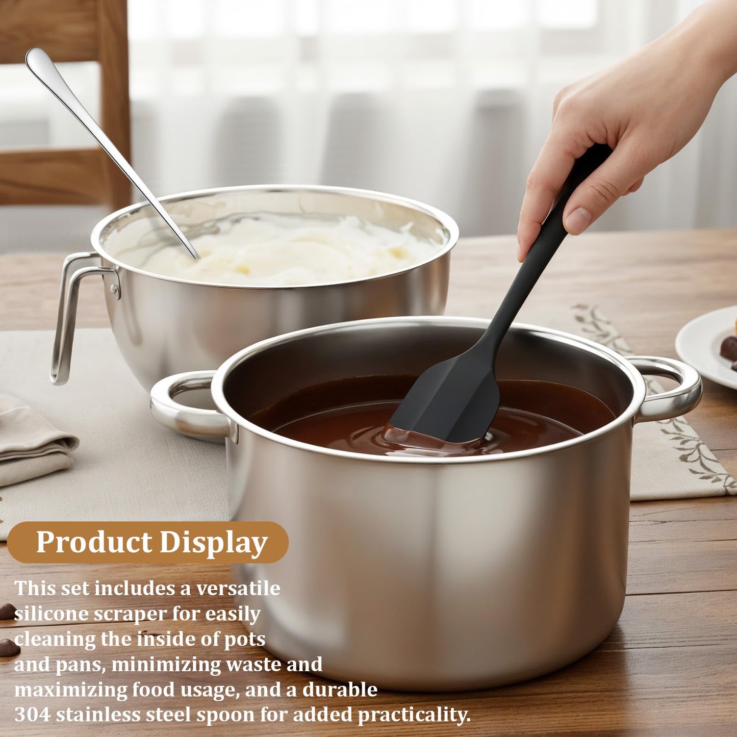 4-Piece Double Boiler, Chocolate Melting Pot Set Include 2500ml/2.3QT Mixing Bowl and 4000ml/3.63qt Stainless Steel Pot, Silicone Spatula, Stainless Steel Stirring Spoon, Induction Safe