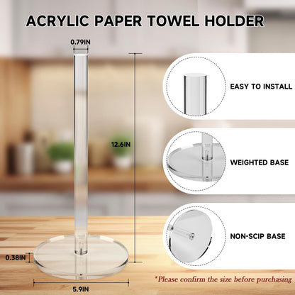WORHE Paper Towel Holder Countertop Clear Acrylic 5.9" Diameter Thickening Sturdy Base,for Kitchen Bathroom, Paper Towel Dispenser for Tear Tissue Roll 1 Pack (YGC001)