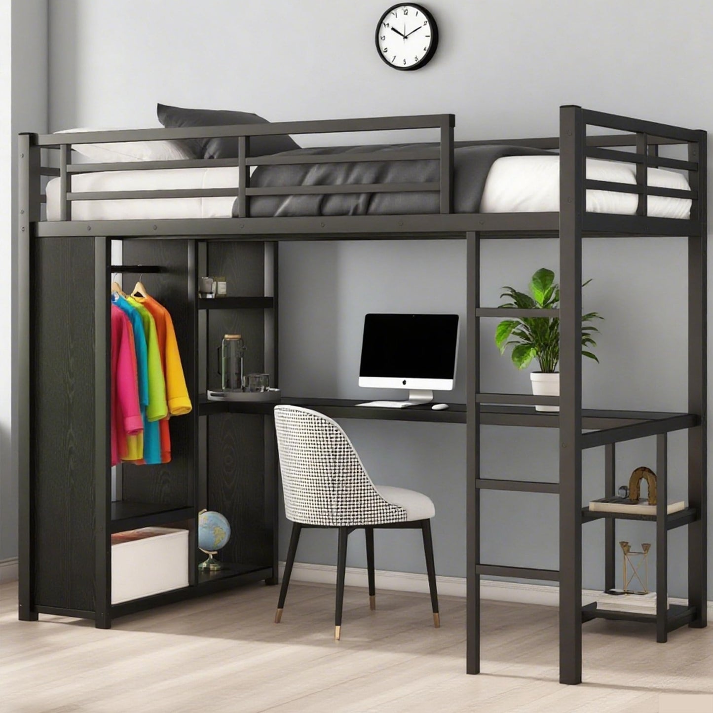 Bellemave Metal Twin XL Size Loft Bed with Desk and Wardrobe,Heavy Duty Loft Bed Frame with Storage Shelves for Kids,Teens,Adults, Space Saving,Black
