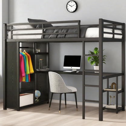 Bellemave Metal Twin XL Size Loft Bed with Desk and Wardrobe,Heavy Duty Loft Bed Frame with Storage Shelves for Kids,Teens,Adults, Space Saving,Black