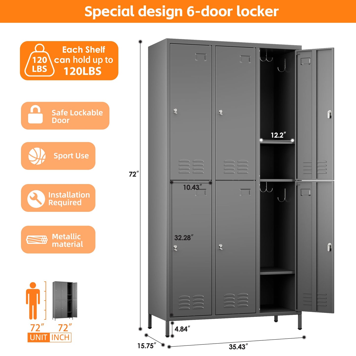 Aobabo Metal Locker for Employees, 6 Doors Metal Locker Cabinet with Lock, Industrial Storage with 18 Hooks, Storage for Office, Gym, Dormitory, Assembly Required, Dark Grey