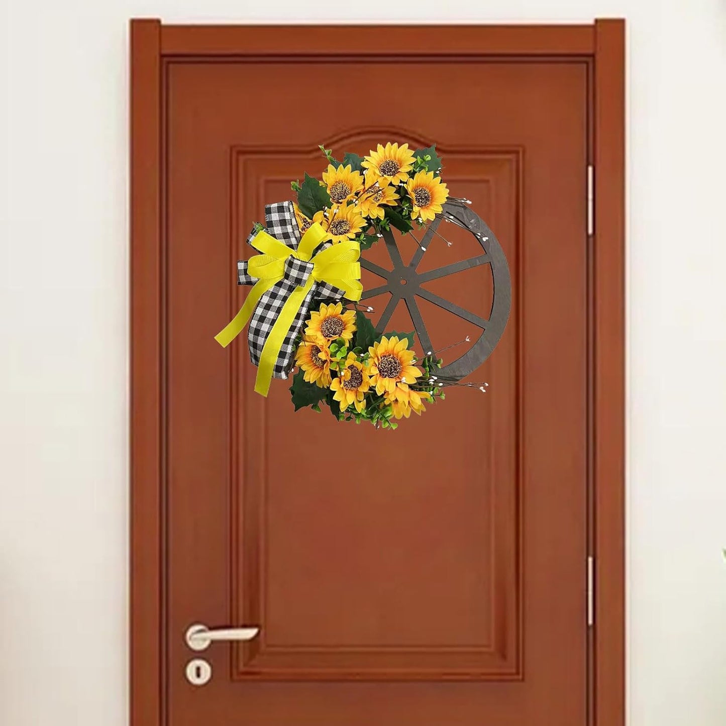 Sunflower Wagon Wheel Wreath for Front Door, Wooden Decor with Sunflower and Bow, 17.7in Spring Wreath