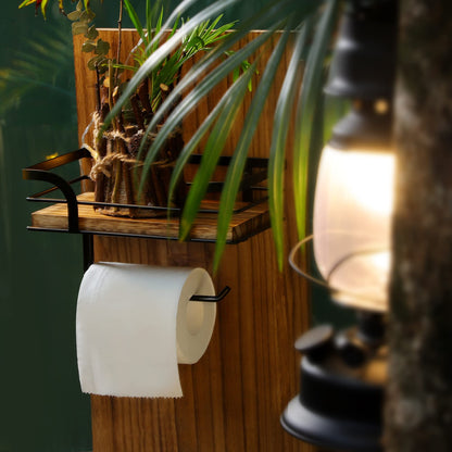 AIDILI Rustic Farmhouse Toilet Paper Holder with Shelf - Farmhouse Bathroom Rustic Country Decor - Rustic Bathroom Accessories with Warm Brown Wood Shelf for Wipes&Cell Phone&Reading, Black Metal