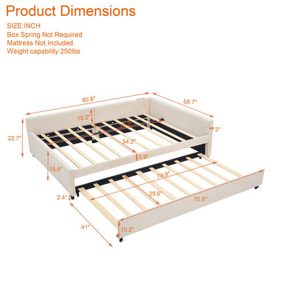 DNYN L-Shaped Corner Daybed with Pull-Out Trundle and Dual USB Ports for Bedroom/Guest Room, Velvet Bed Frame w/Wooden Slats Support and LED, Space-Saving & No Box Spring Needed, Beige