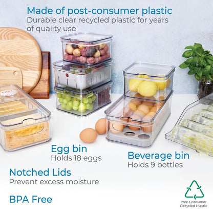 iDesign Crisp 7-Piece Recycled Plastic Refrigerator Organizer Bin Set with Lids, Clear/Gray